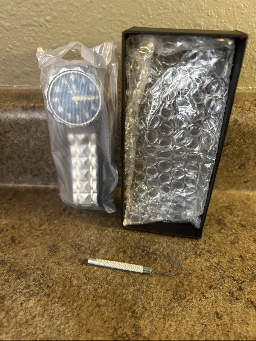 Silver Stainless Steel Watch With Blue Dial